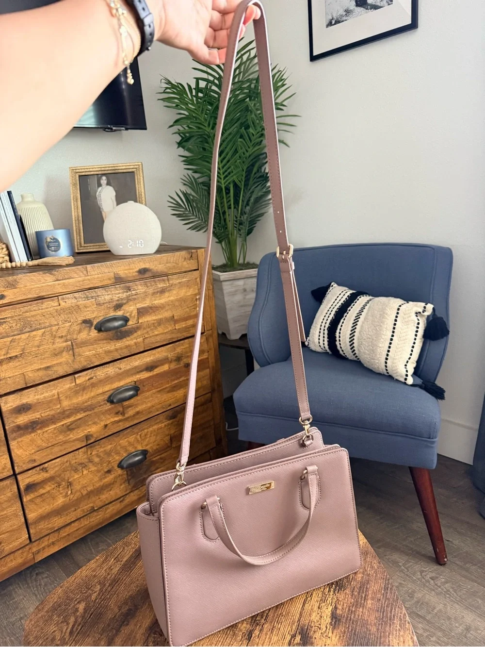kate spade taupe mauve leather satchel with gold hardware